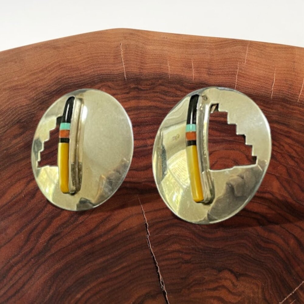 Vintage Southwestern Sterling Silver Multi-stone Inlay Earrings Hand Crafted